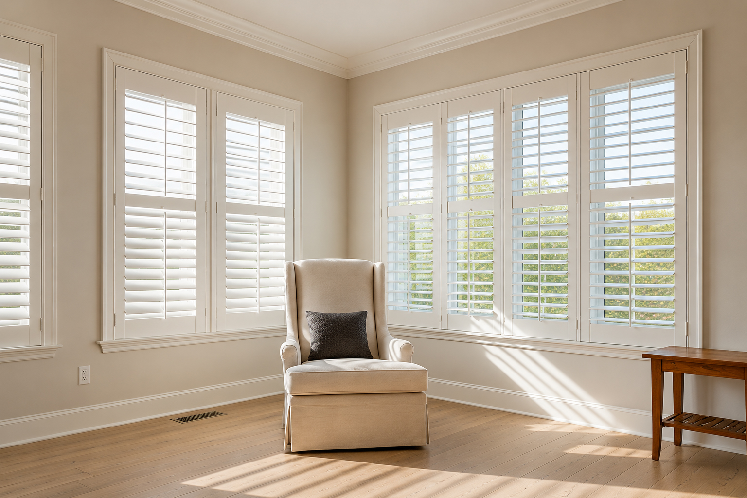 Close up of white plantation shutters showing craftsmanship